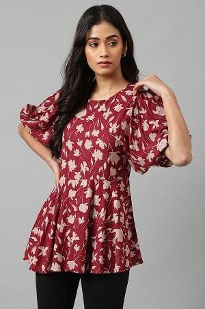 W for Woman Deep Red Floral Printed Peplum Top | Grocsy