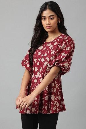 W for Woman Deep Red Floral Printed Peplum Top | Grocsy
