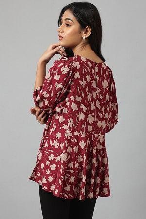 W for Woman Deep Red Floral Printed Peplum Top | Grocsy