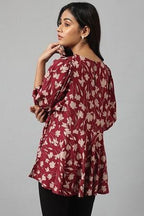 W for Woman Deep Red Floral Printed Peplum Top | Grocsy