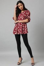 W for Woman Deep Red Floral Printed Peplum Top | Grocsy