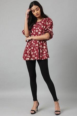 W for Woman Deep Red Floral Printed Peplum Top | Grocsy