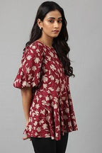 W for Woman Deep Red Floral Printed Peplum Top | Grocsy