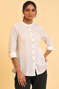W for Woman Plus Size Ecru Cotton Flax Button Down Western Top | Grocsy