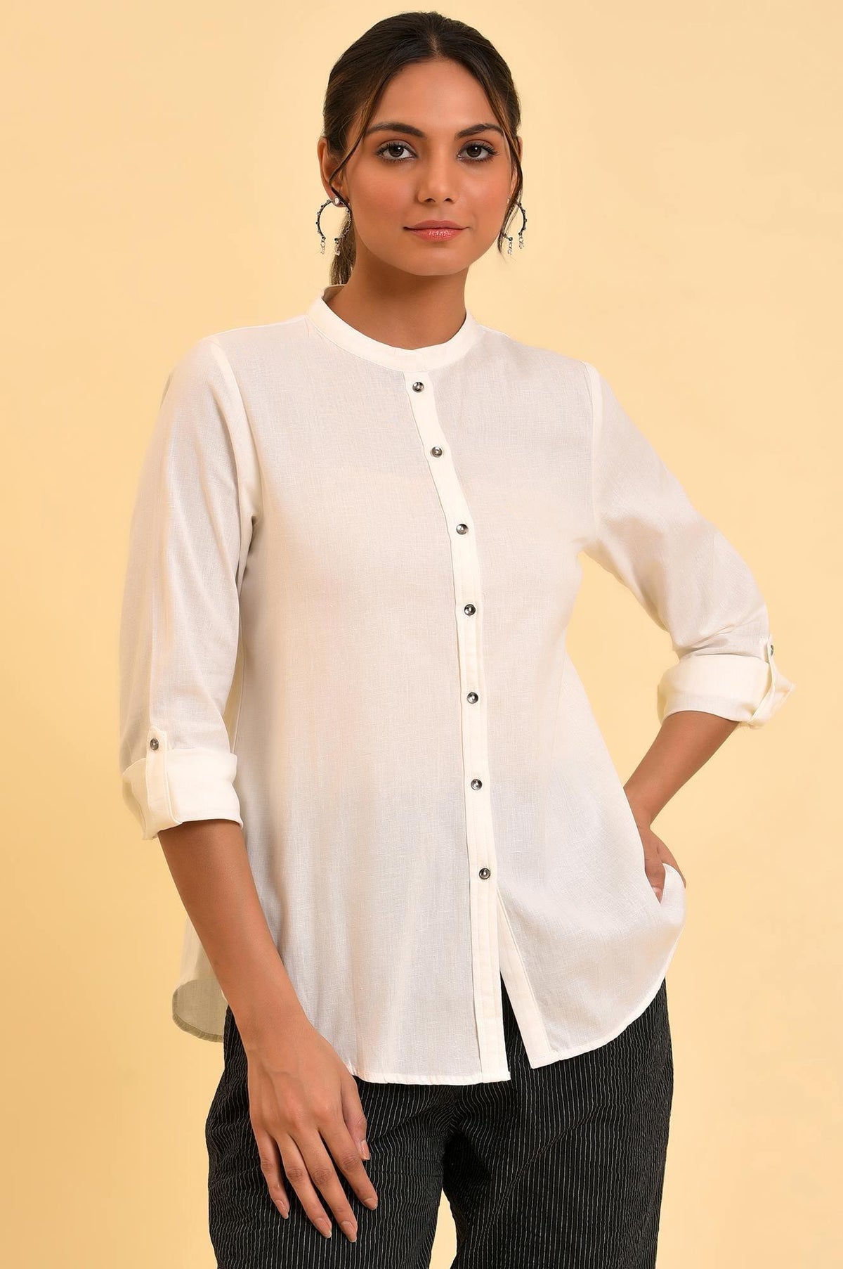 W for Woman Plus Size Ecru Cotton Flax Button Down Western Top | Grocsy