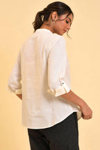 W for Woman Plus Size Ecru Cotton Flax Button Down Western Top | Grocsy
