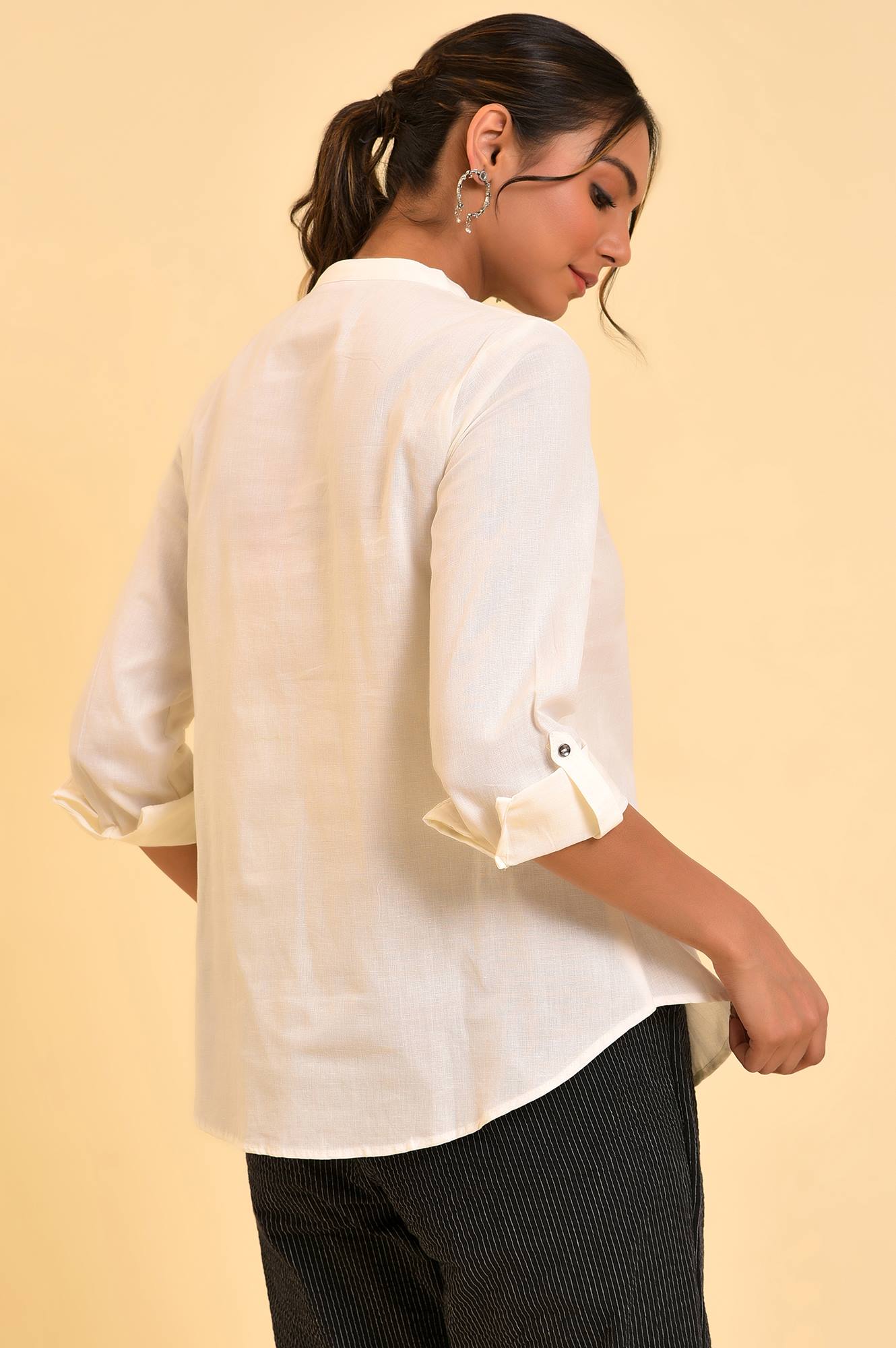 W for Woman Ecru Cotton Flax Button Down Western Top | Grocsy