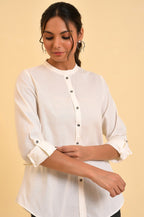 W for Woman Ecru Cotton Flax Button Down Western Top | Grocsy
