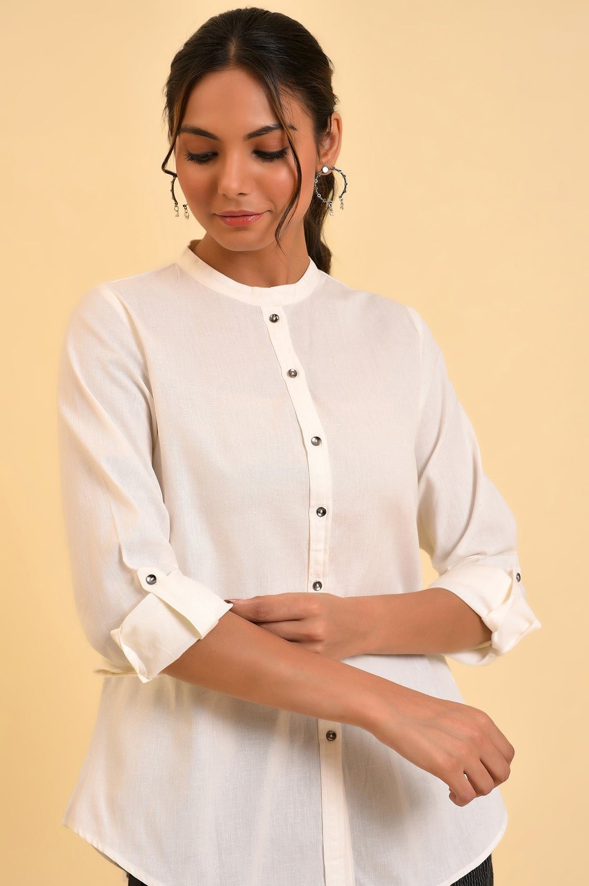 W for Woman Ecru Cotton Flax Button Down Western Top | Grocsy