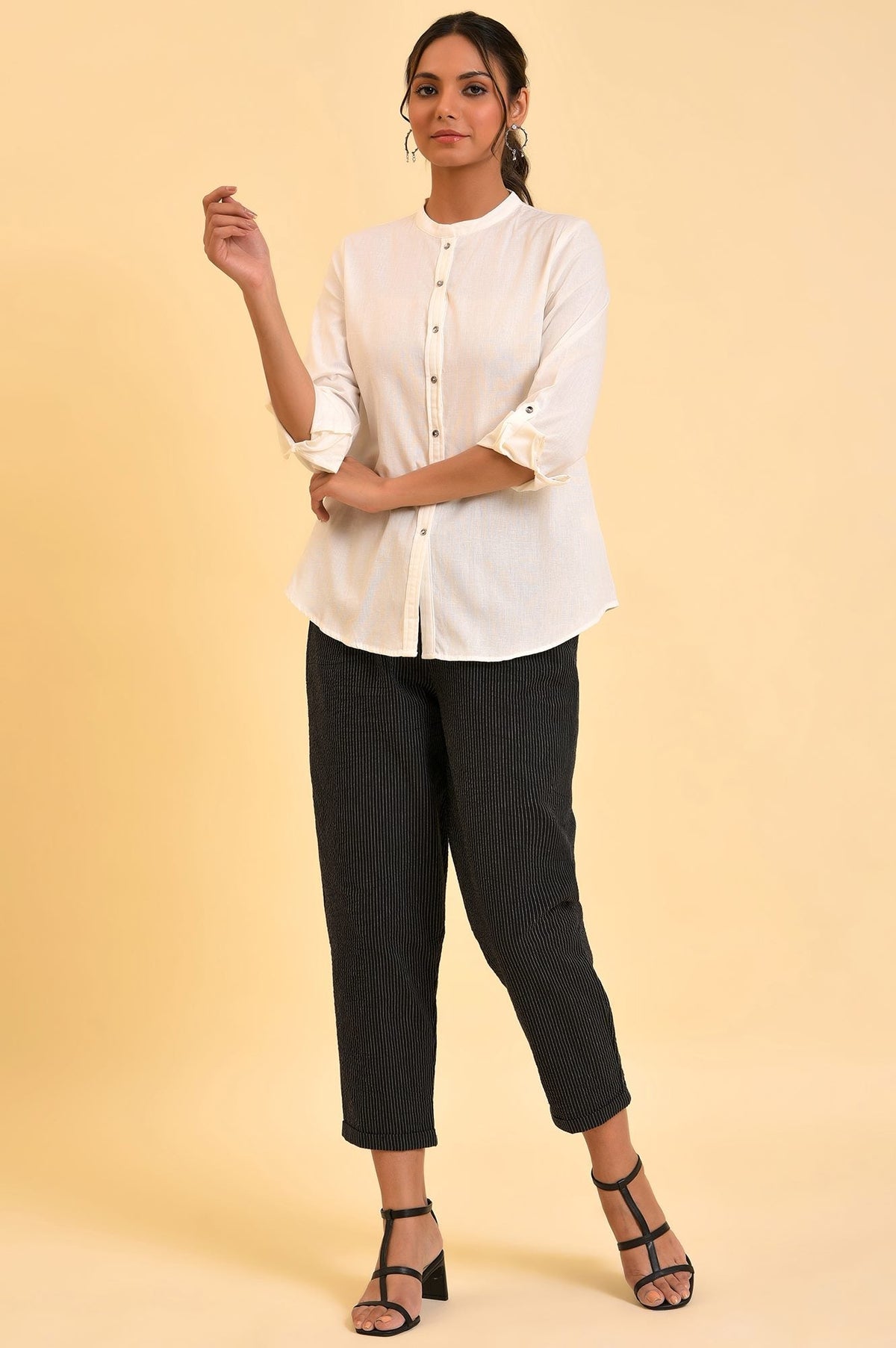 W for Woman Ecru Cotton Flax Button Down Western Top | Grocsy
