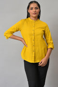 W for Woman Yellow Cotton Flax Button Down Western Top | Grocsy