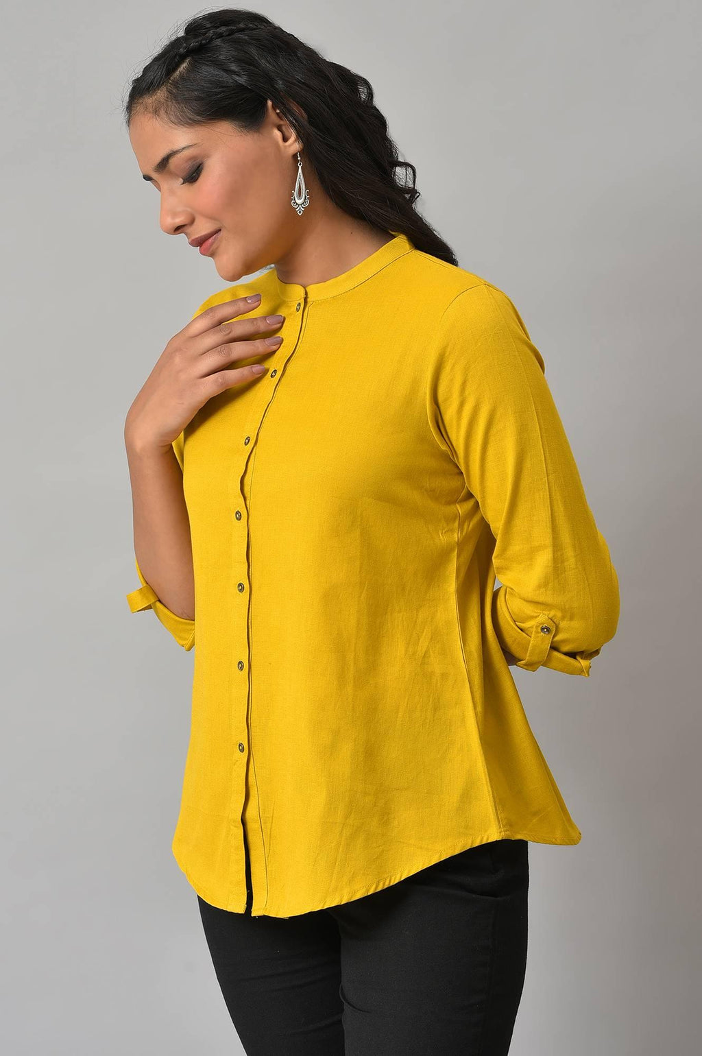 W for Woman Yellow Cotton Flax Button Down Western Top | Grocsy