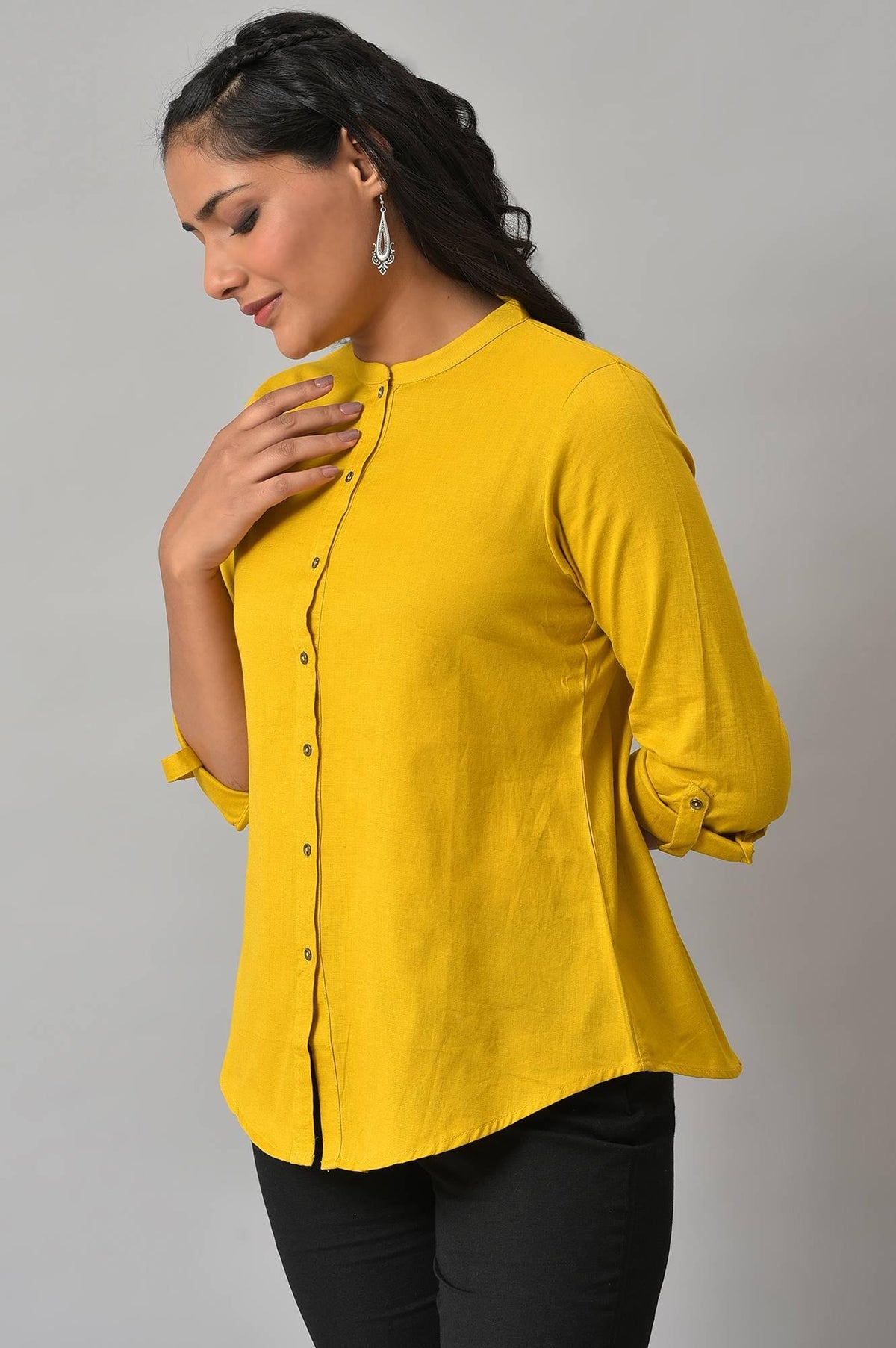W for Woman Yellow Cotton Flax Button Down Western Top | Grocsy