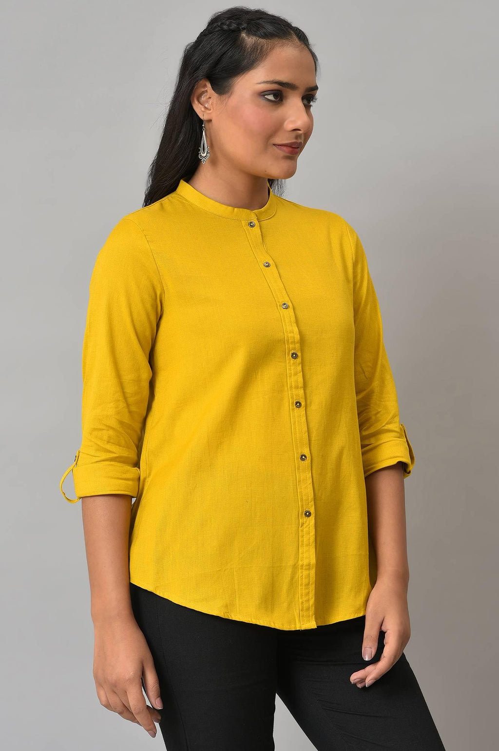 W for Woman Yellow Cotton Flax Button Down Western Top | Grocsy