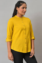 W for Woman Yellow Cotton Flax Button Down Western Top | Grocsy