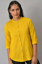 W for Woman Yellow Cotton Flax Button Down Western Top | Grocsy
