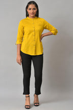W for Woman Yellow Cotton Flax Button Down Western Top | Grocsy