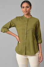 W for Woman Olive Green Cotton Flax Button Down Top | Grocsy