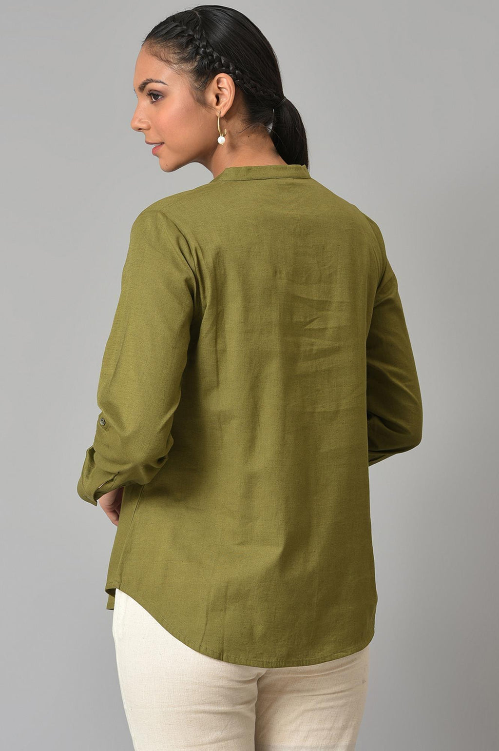 W for Woman Olive Green Cotton Flax Button Down Top | Grocsy