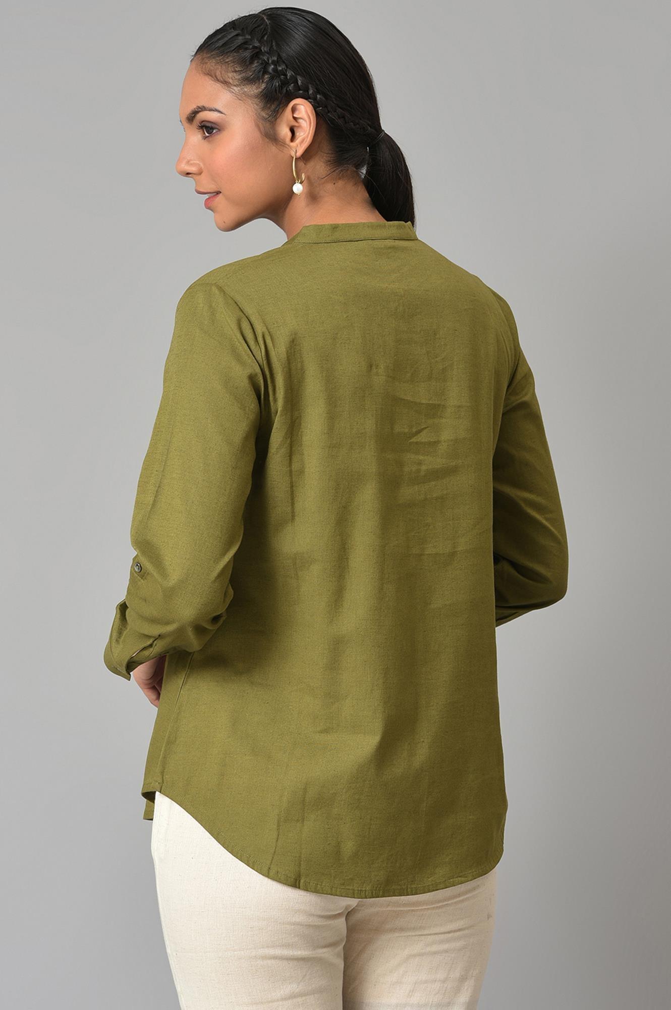 W for Woman Olive Green Cotton Flax Button Down Top | Grocsy