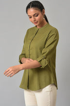 W for Woman Olive Green Cotton Flax Button Down Top | Grocsy