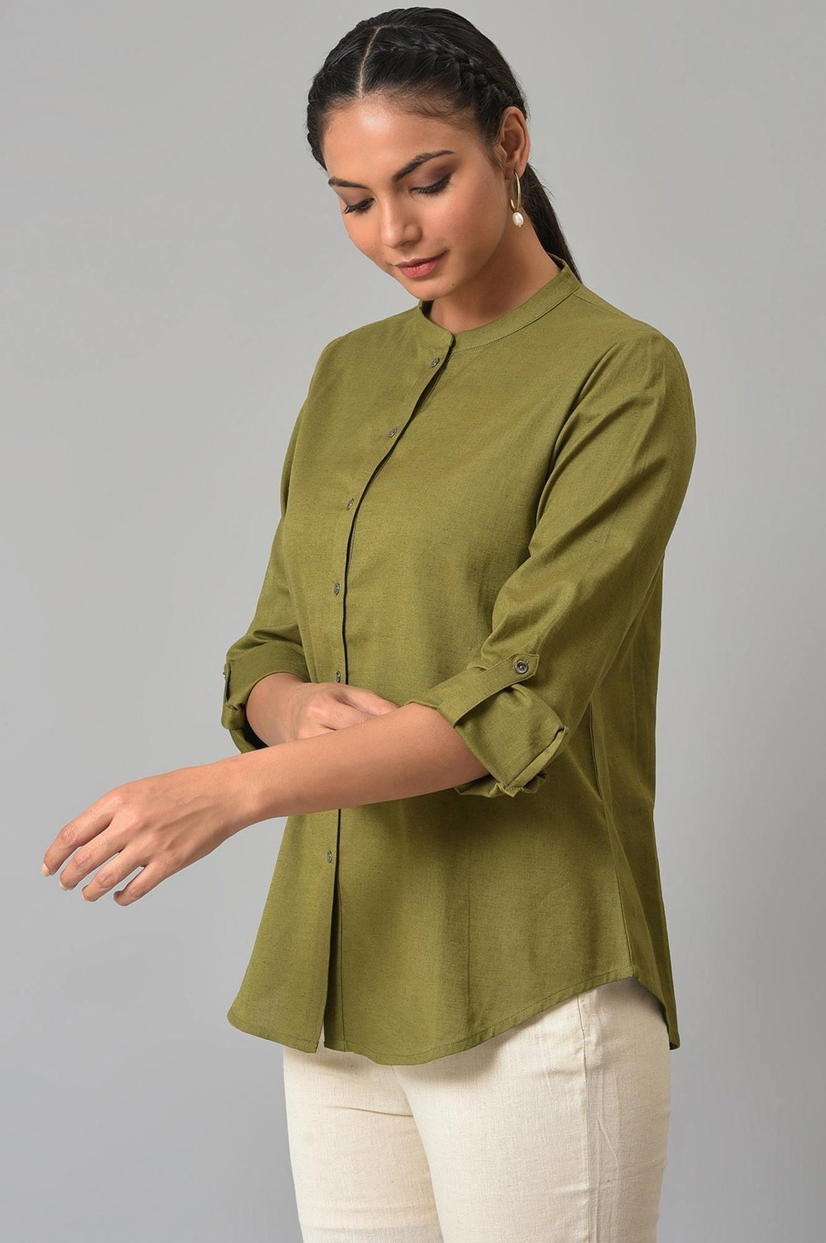 W for Woman Olive Green Cotton Flax Button Down Top | Grocsy