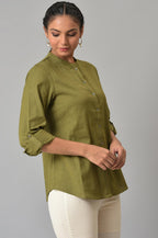 W for Woman Olive Green Cotton Flax Button Down Top | Grocsy