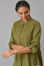 W for Woman Olive Green Cotton Flax Button Down Top | Grocsy