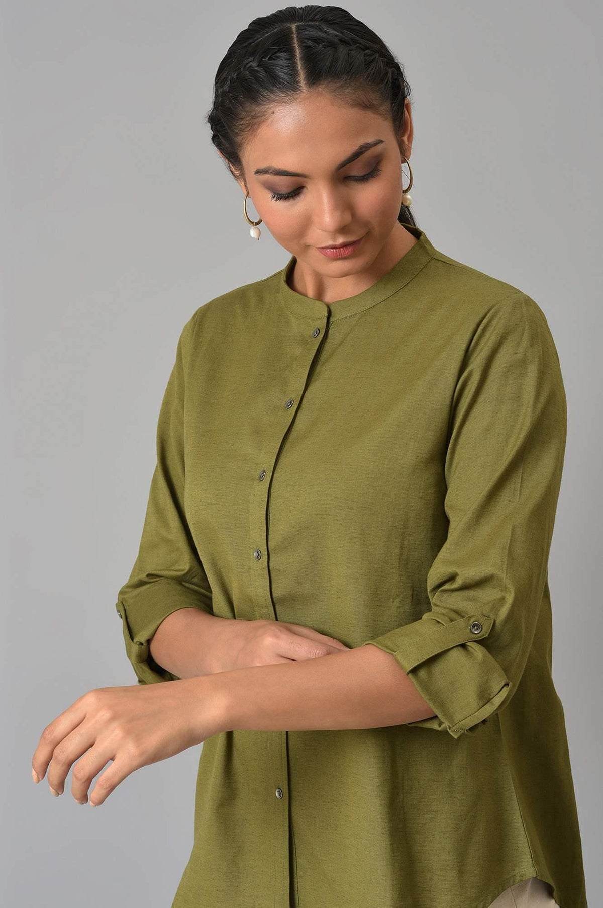 W for Woman Olive Green Cotton Flax Button Down Top | Grocsy