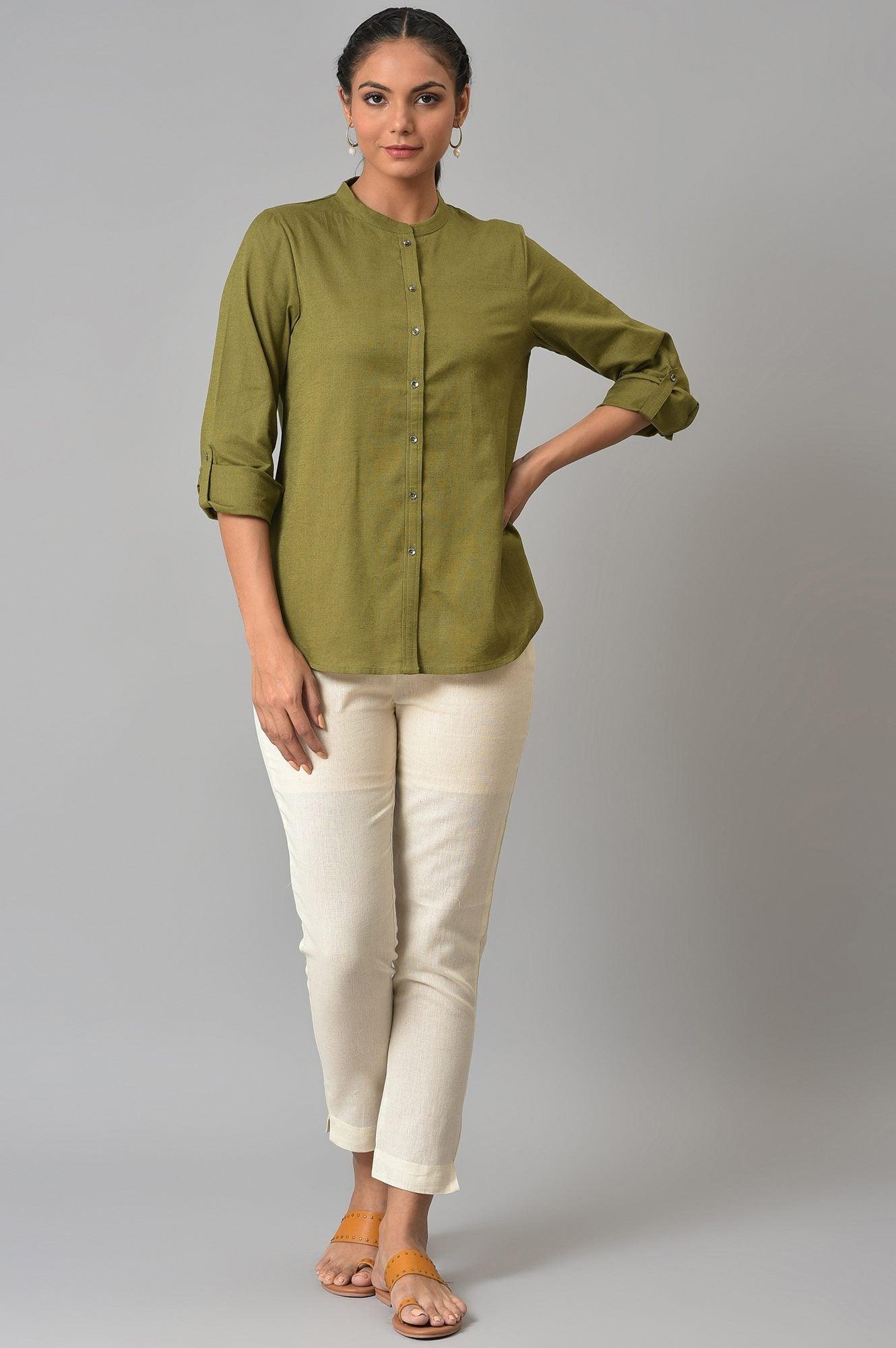 W for Woman Olive Green Cotton Flax Button Down Top | Grocsy