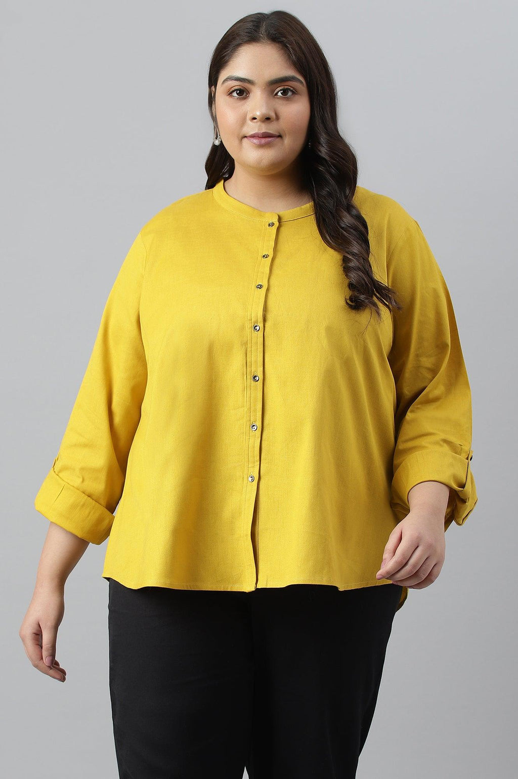 W for Woman Yellow Cotton Flax Button Down Western Plus Size Top | Grocsy