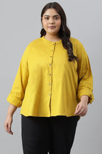 W for Woman Yellow Cotton Flax Button Down Western Plus Size Top | Grocsy