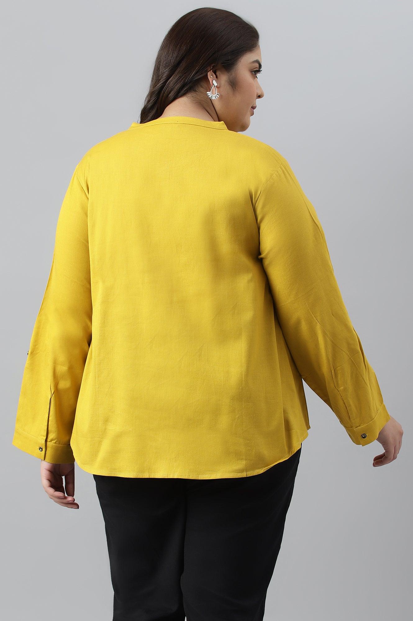 W for Woman Yellow Cotton Flax Button Down Western Plus Size Top | Grocsy