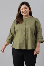 W for Woman Olive Green Cotton Flax Button Down Plus Size Top | Grocsy