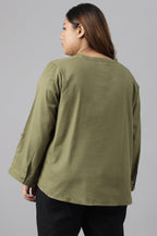 W for Woman Olive Green Cotton Flax Button Down Plus Size Top | Grocsy