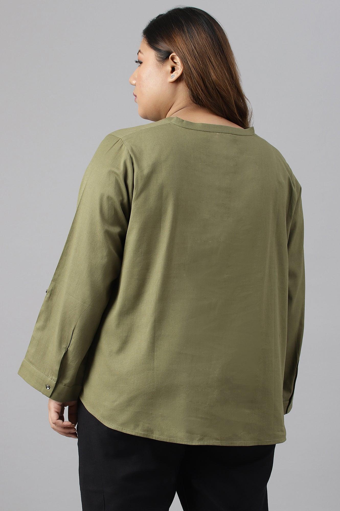 W for Woman Olive Green Cotton Flax Button Down Plus Size Top | Grocsy