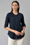W for Woman Navy Blue Cotton Flax Top | Grocsy