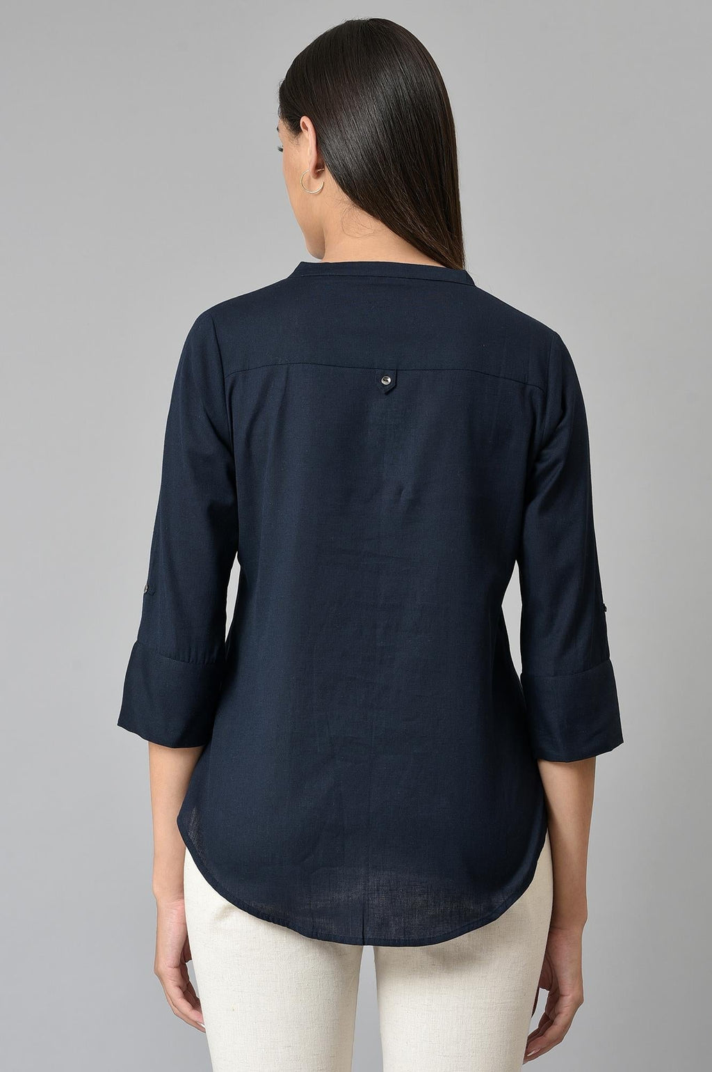 W for Woman Navy Blue Cotton Flax Top | Grocsy