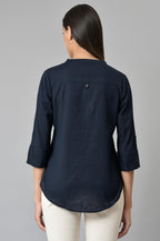 W for Woman Navy Blue Cotton Flax Top | Grocsy