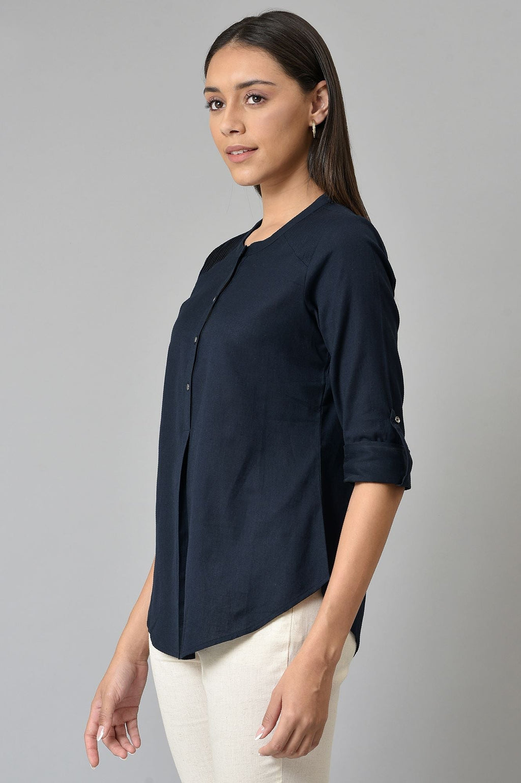W for Woman Navy Blue Cotton Flax Top | Grocsy