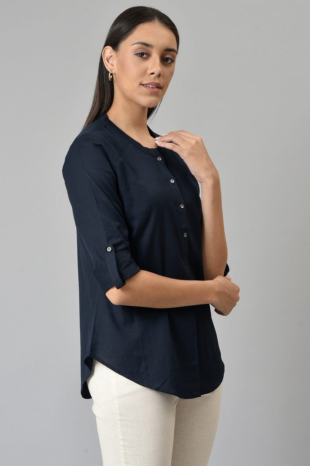 W for Woman Navy Blue Cotton Flax Top | Grocsy