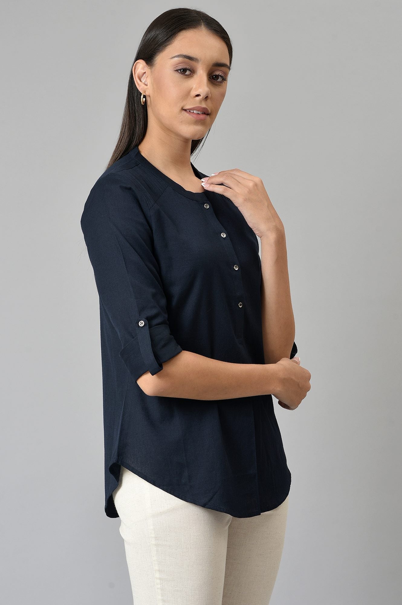 W for Woman Navy Blue Cotton Flax Top | Grocsy