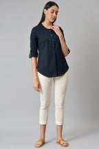 W for Woman Navy Blue Cotton Flax Top | Grocsy
