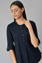 W for Woman Navy Blue Cotton Flax Top | Grocsy
