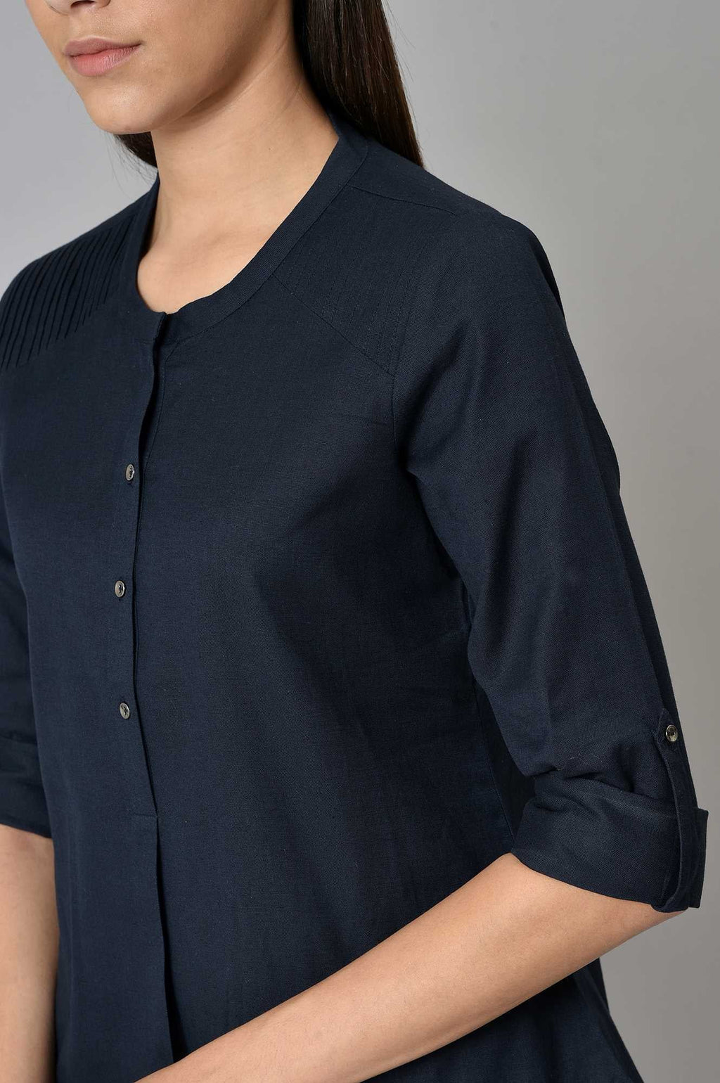 W for Woman Navy Blue Cotton Flax Top | Grocsy