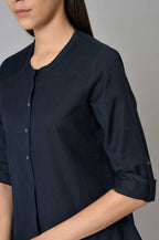 W for Woman Navy Blue Cotton Flax Top | Grocsy