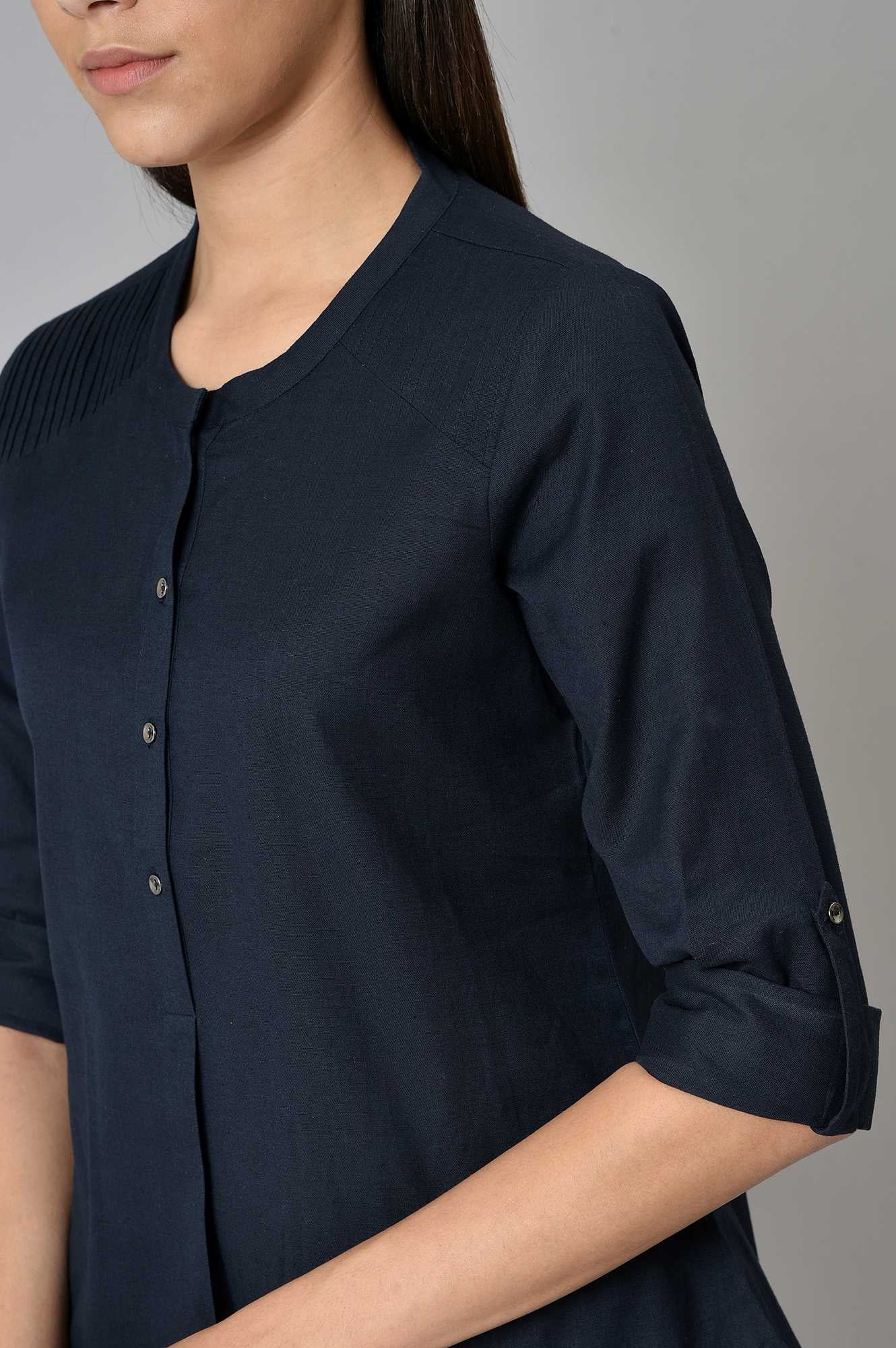 W for Woman Navy Blue Cotton Flax Top | Grocsy