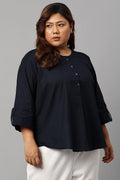 W for Woman Plus Size Navy Blue Cotton Flax Top | Grocsy