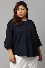 W for Woman Plus Size Navy Blue Cotton Flax Top | Grocsy