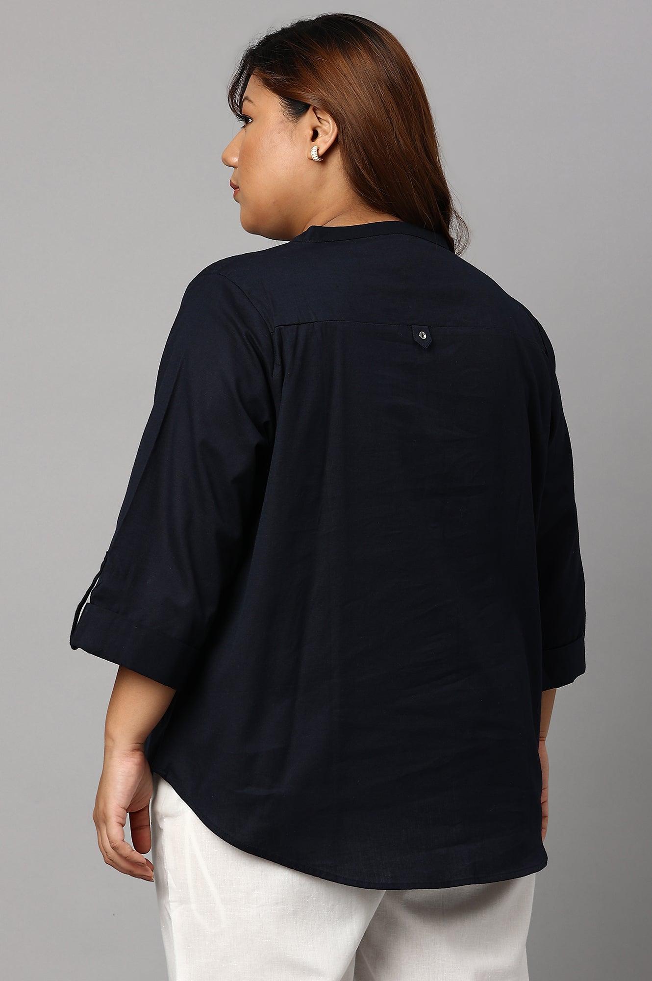 W for Woman Plus Size Navy Blue Cotton Flax Top | Grocsy